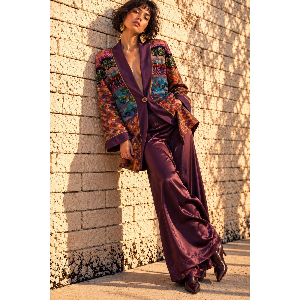 Vintage Casual Corner Purple Rayon Mixed Print Open Front Jacket Maximalist L